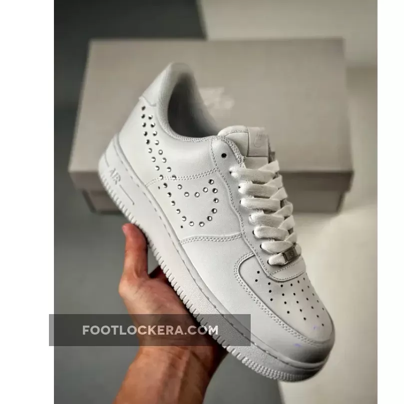 White Nike Air Force 1 Low With Metallic Silver Stud Swooshes