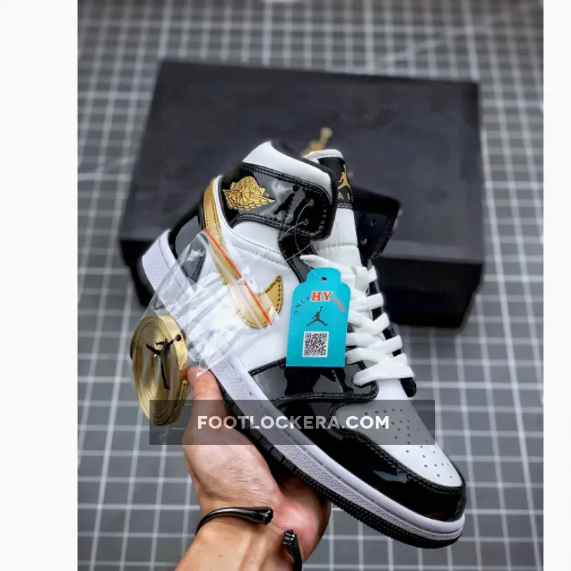 Jordan 1 Mid Patent Black/White-Metallic Gold / jordan 1 patent leather black