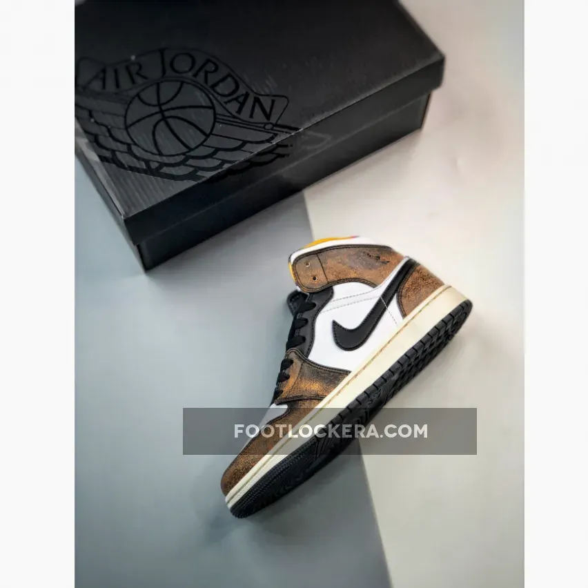 Air Jordan 1 Mid 'Wear Away' White Black Orange / jordan 1 taxi goat