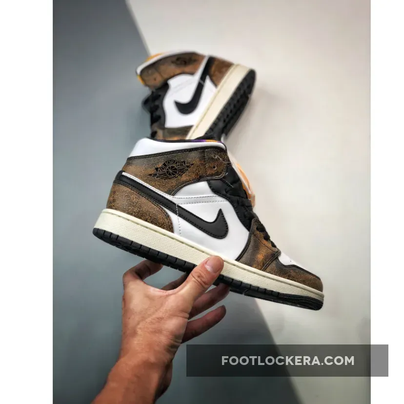 Air Jordan 1 Mid 'Wear Away' White Black Orange / jordan 1 taxi goat